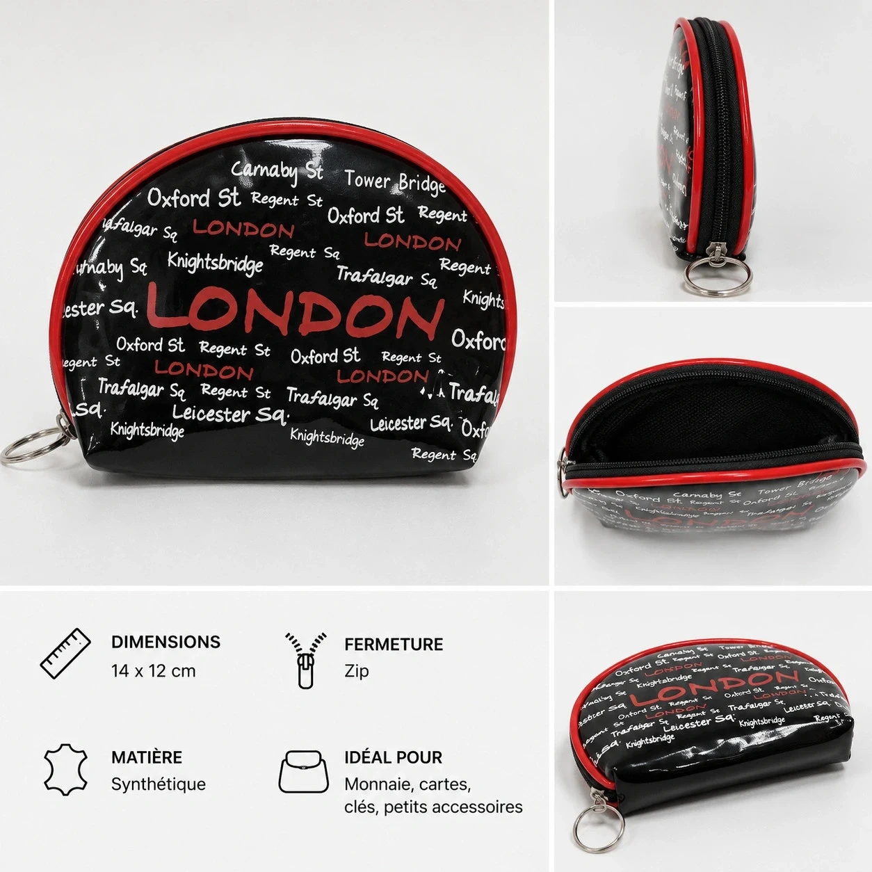 Porte-monnaie / trousse London noir rouge motif Londres zippé 14x12 cm